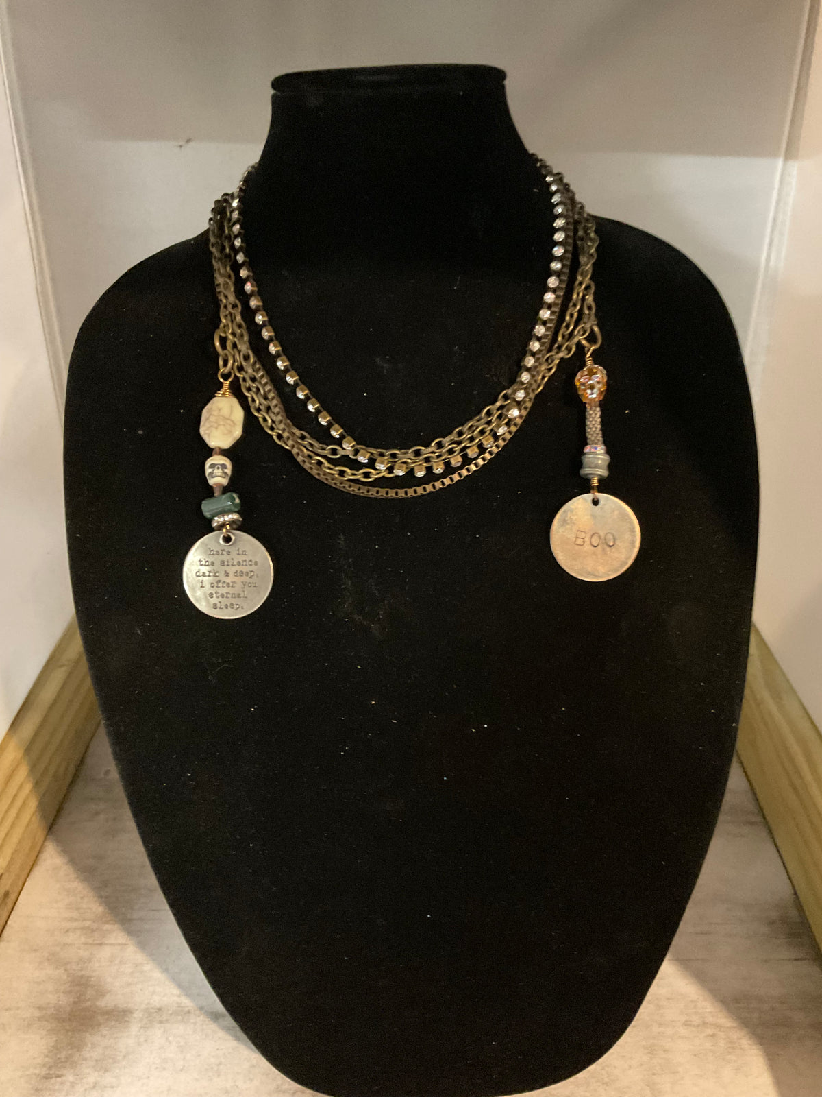 Handmade Four-Chain Skull Necklace with Swarovski Crystal, Peyote Stitch Bead & Stamped Medallions