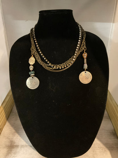 Handmade Four-Chain Skull Necklace with Swarovski Crystal, Peyote Stitch Bead & Stamped Medallions