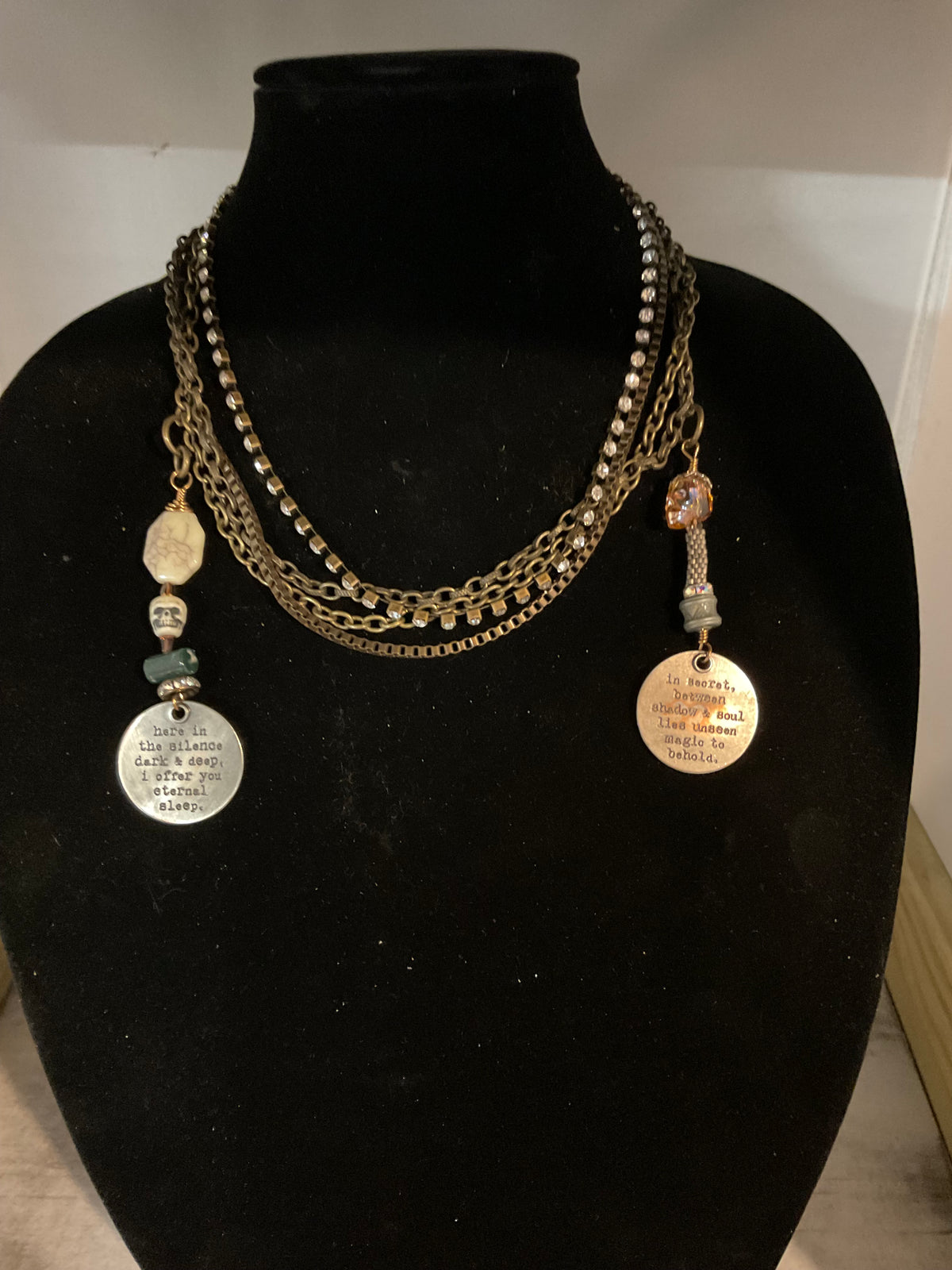 Handmade Four-Chain Skull Necklace with Swarovski Crystal, Peyote Stitch Bead & Stamped Medallions