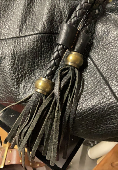 Black Leather Drawstring Bucket Bag with Braided Tassels – Multi Pocket Boho Everyday Purse