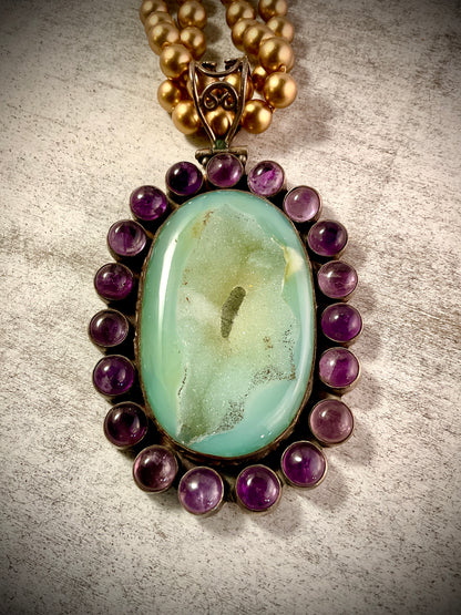 Aqua Druzy Agate & Amethyst Statement Necklace – Double Gold Pearl Strand with Sterling Pendant