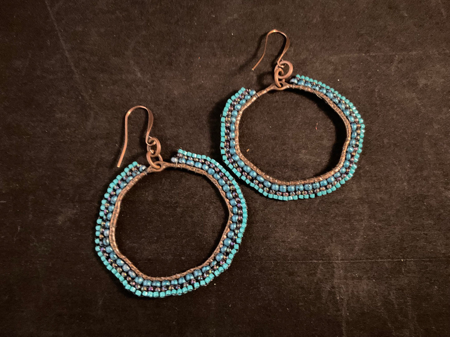 Blue Current Hand-Beaded Copper Hoop Earrings