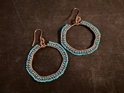 Blue Current Hand-Beaded Copper Hoop Earrings