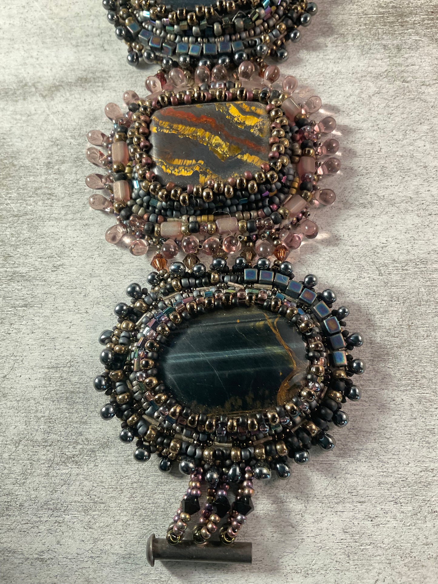 Hand-Beaded Stone Bracelet with Suede Backing – 7½ Inch
