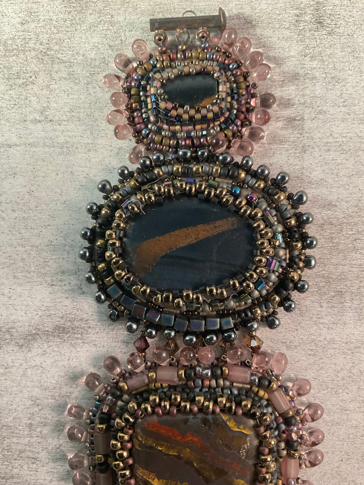 Hand-Beaded Stone Bracelet with Suede Backing – 7½ Inch