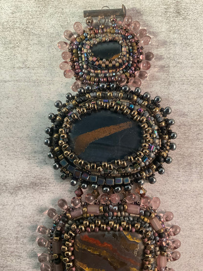 Hand-Beaded Stone Bracelet with Suede Backing – 7½ Inch