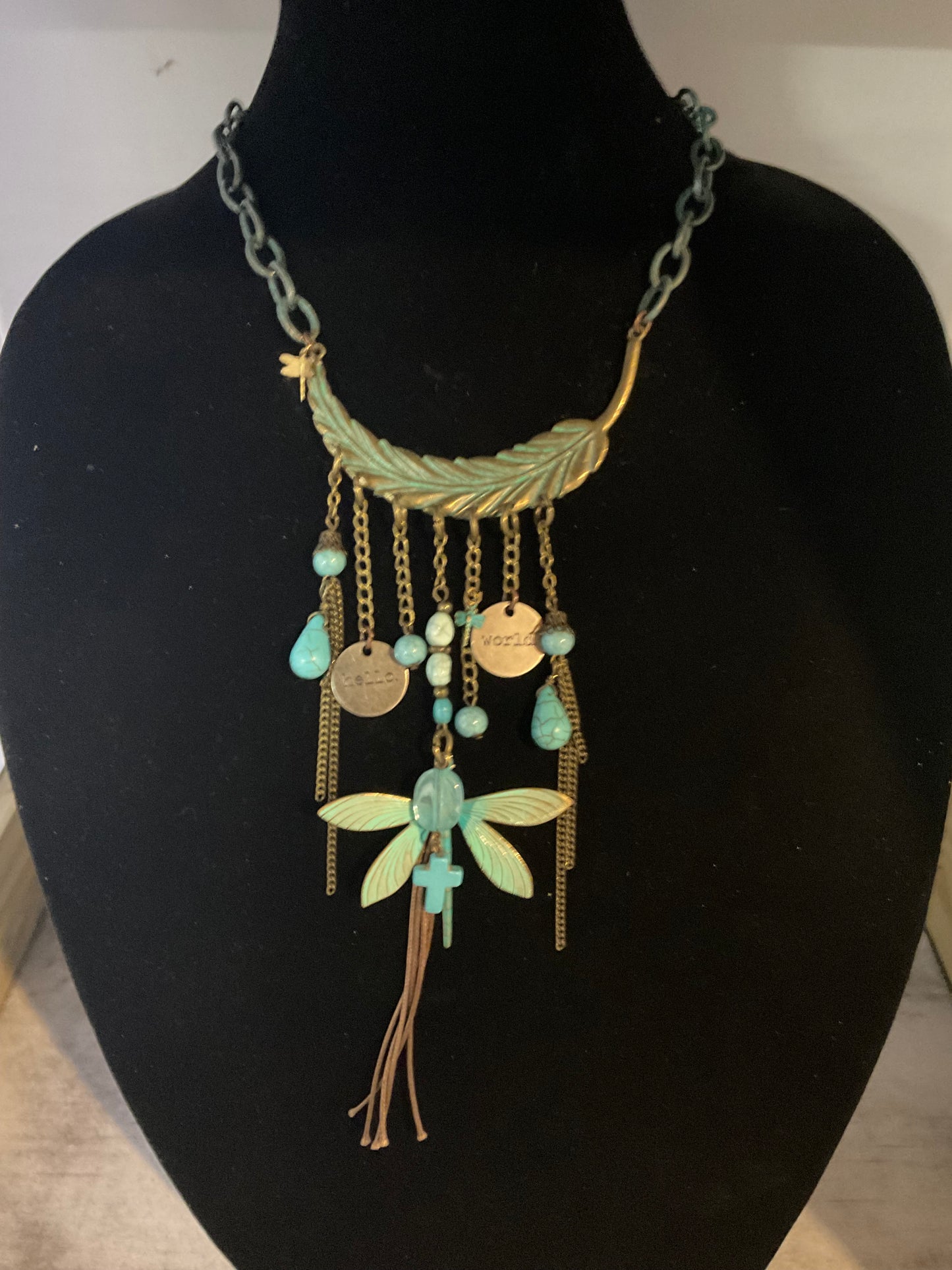 Boho Dragonfly Feather Necklace with Jasper & Antique Brass