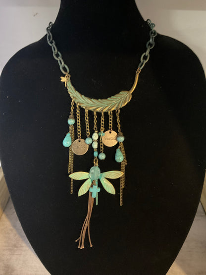 Boho Dragonfly Feather Necklace with Jasper & Antique Brass
