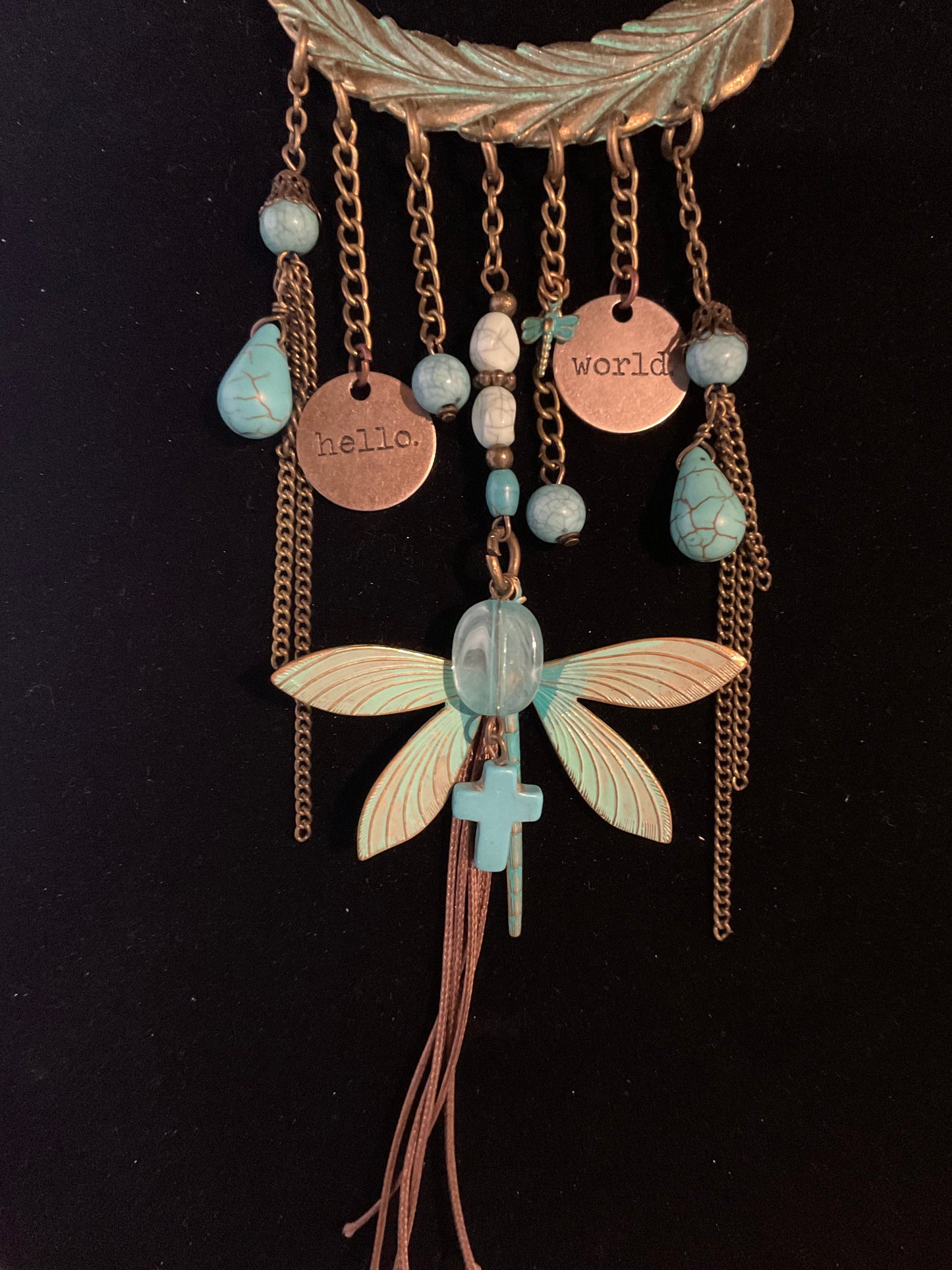 Boho Dragonfly Feather Necklace with Jasper & Antique Brass