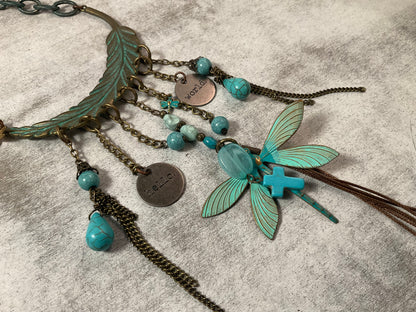 Boho Dragonfly Feather Necklace with Jasper & Antique Brass