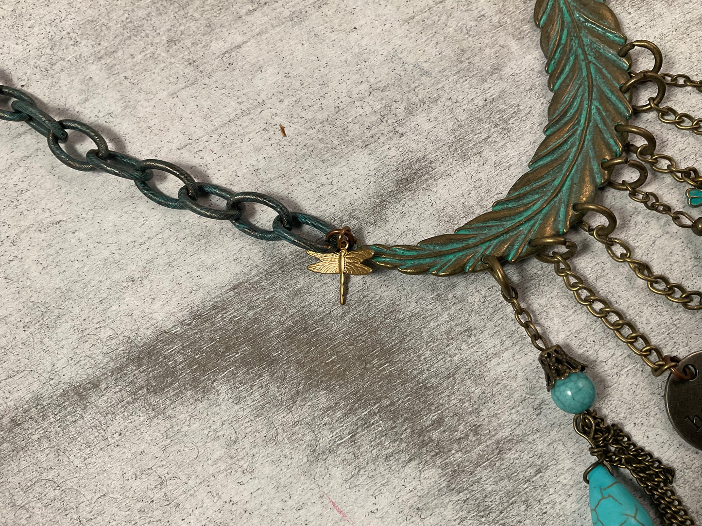 Boho Dragonfly Feather Necklace with Jasper & Antique Brass