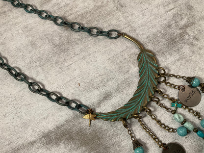 Boho Dragonfly Feather Necklace with Jasper & Antique Brass