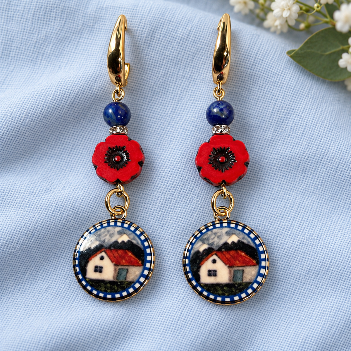 Gold-Plated Scenic Earrings – Citrine or Lapis & Czech Glass