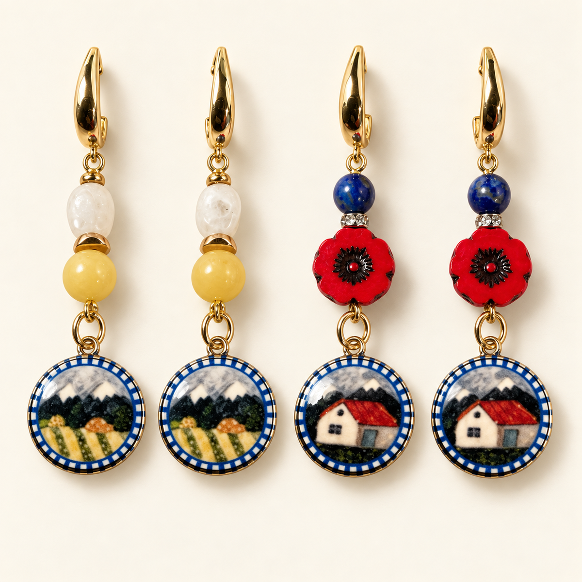 Gold-Plated Scenic Earrings – Citrine or Lapis & Czech Glass