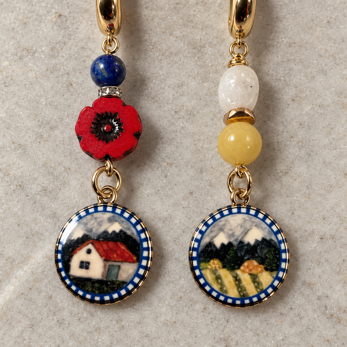 Gold-Plated Scenic Earrings – Citrine or Lapis & Czech Glass