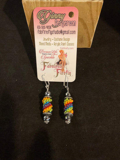 Handmade Rainbow Seed Bead Dangle Earrings with Leverback Wires