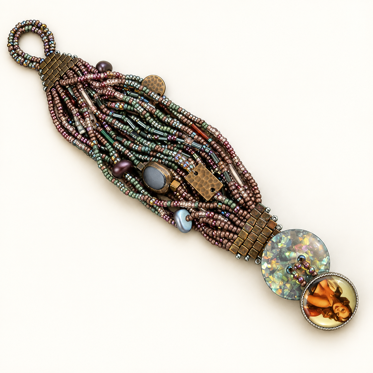 Multistrand Beaded Bracelet with Pin-Up Girl Button, Fits 7.5-Inch Wrist