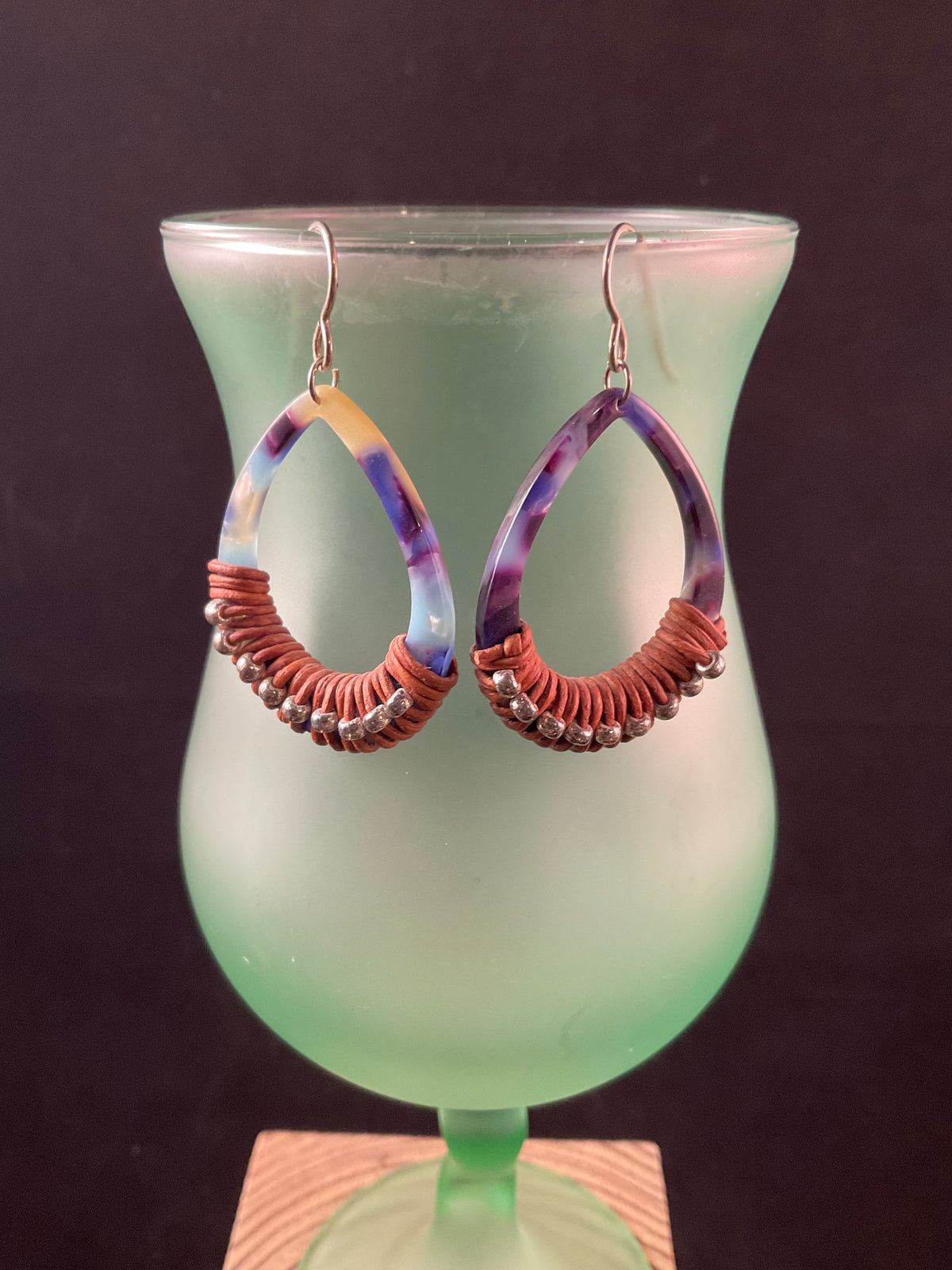 Marbled Resin, Leather and Silver Bead Drop Earrings