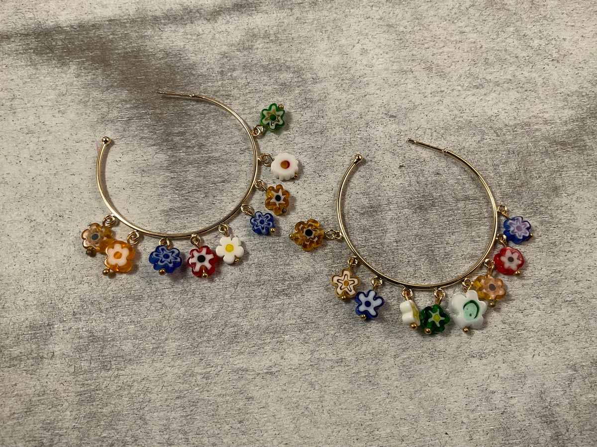 Colorful Millefiori Glass Flower Gold Hoop Earrings