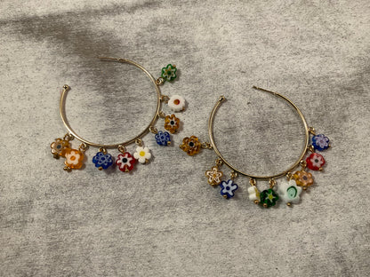 Colorful Millefiori Glass Flower Gold Hoop Earrings