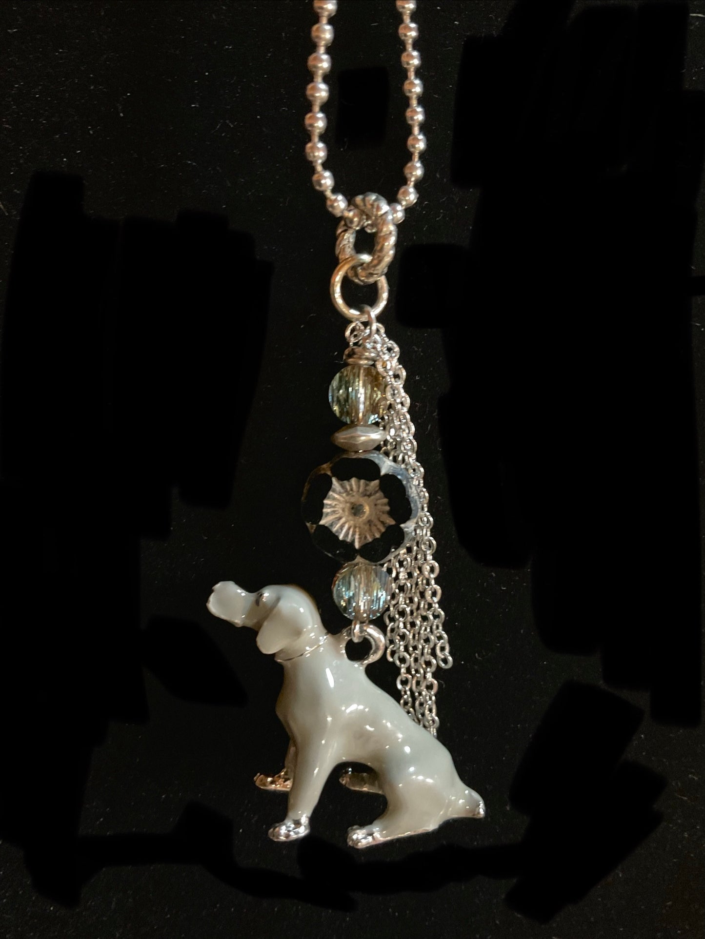 Parisian Pup Fringe Necklace – Enamel Dog with Austrian Crystal & Czech Glass