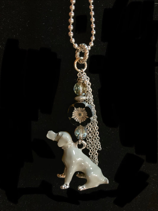 Parisian Pup Fringe Necklace – Enamel Dog with Austrian Crystal & Czech Glass