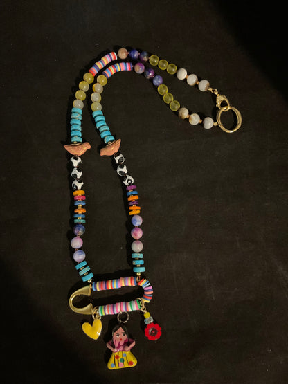 Frida Charm Necklace with Jasper, Heishi Beads & Birds