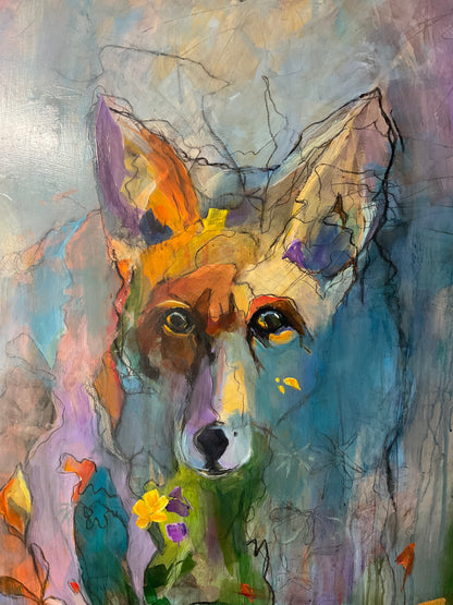 Painting - Meadow Eyes - Fox in flowers Local Pickup Only