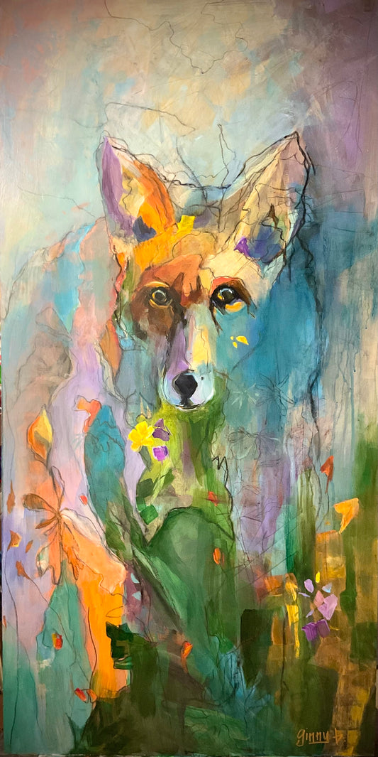 Painting - Meadow Eyes - Fox in flowers Local Pickup Only