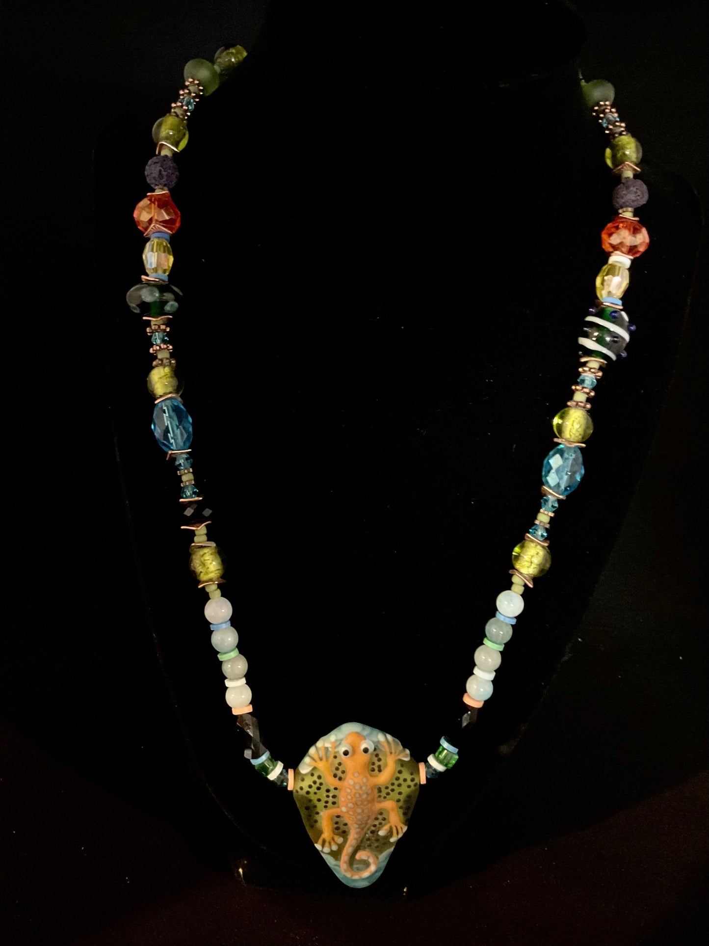 Necklace - Hand Blown Gecko 20" Multi-color whimsical wildlife