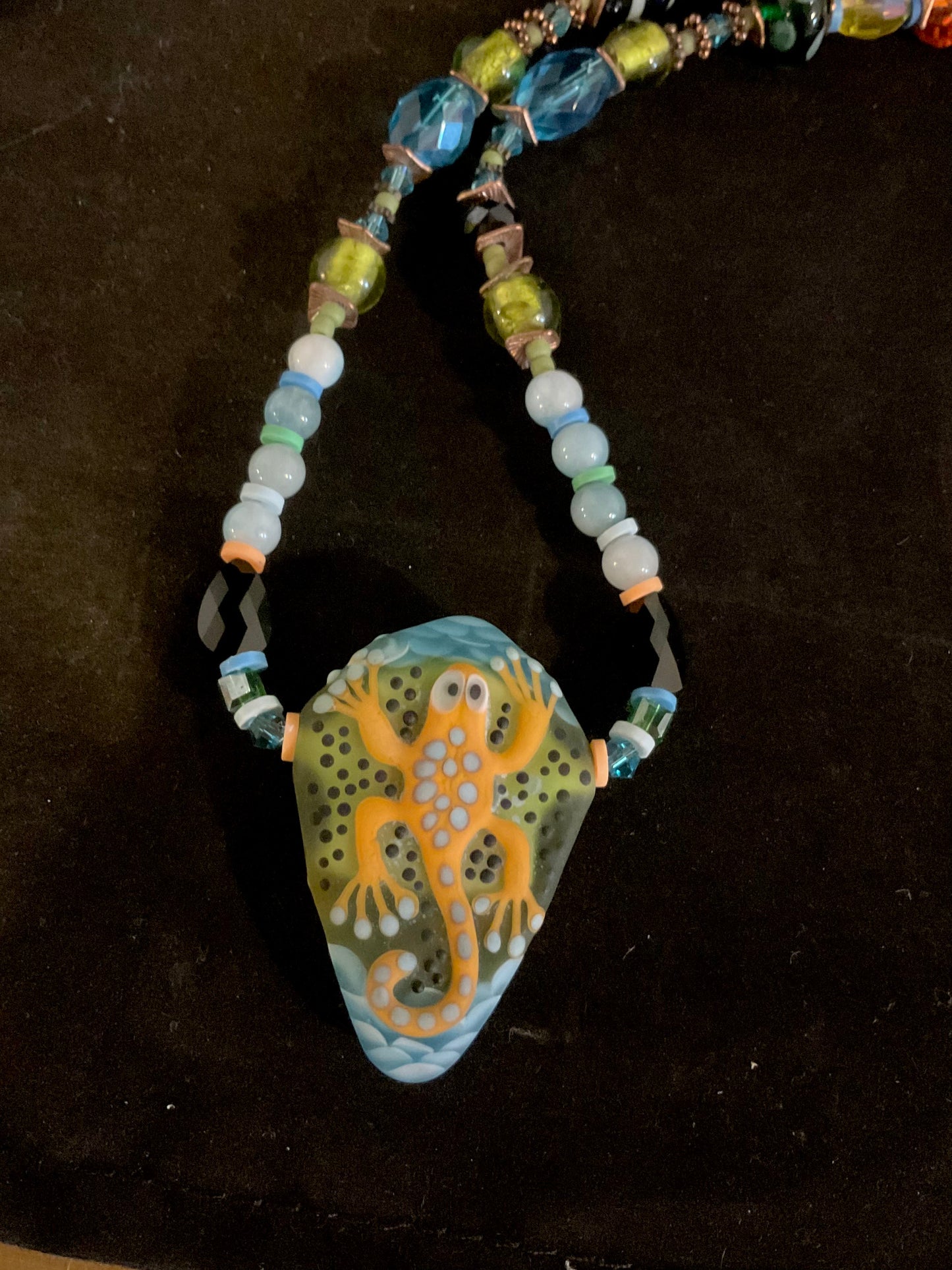Necklace - Hand Blown Gecko 20" Multi-color whimsical wildlife