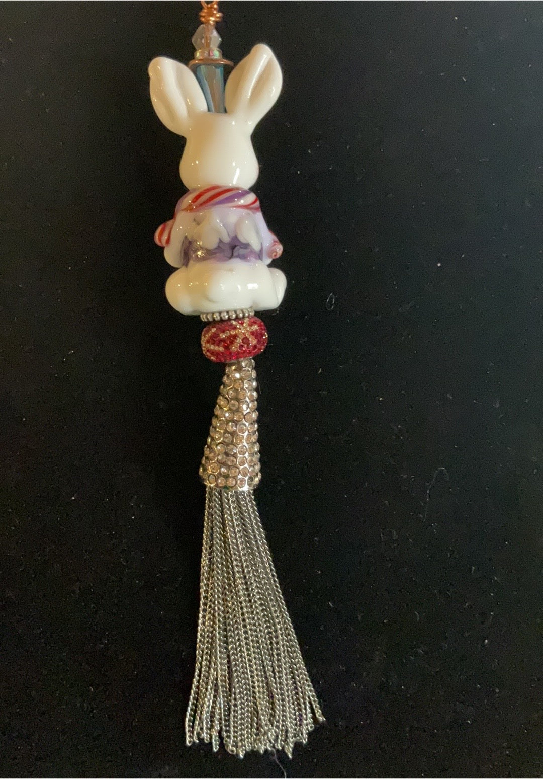 Whimsical Blown Glass Bunny Ornament Necklace – Crystal Tassel Window Catcher