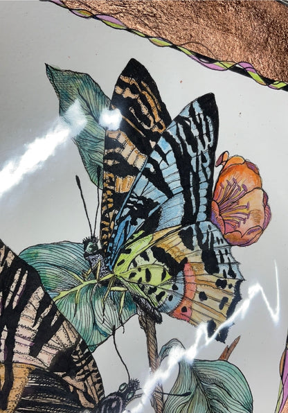 Where the Butterflies Gather – Butterfly Pen & Ink Watercolor with Copper Foil on 300 lb Arches Paper 12.5 x 14