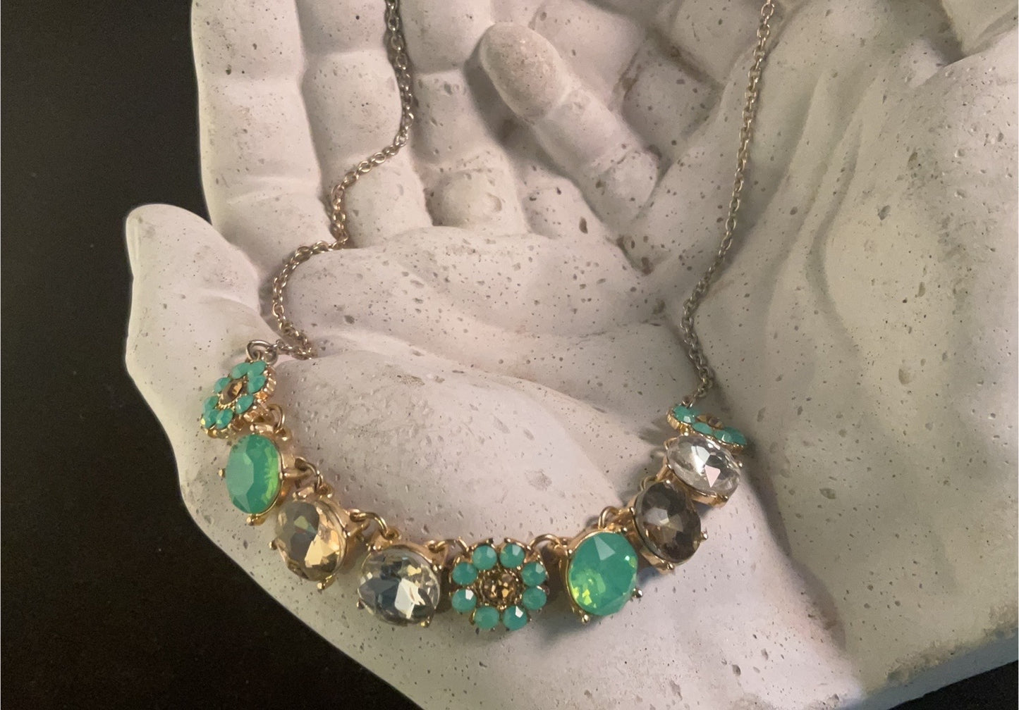 Austrian Crystal Floral Necklace – Turquoise & Champagne Sparkle Statement Collar