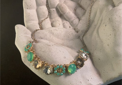 Austrian Crystal Floral Necklace – Turquoise & Champagne Sparkle Statement Collar