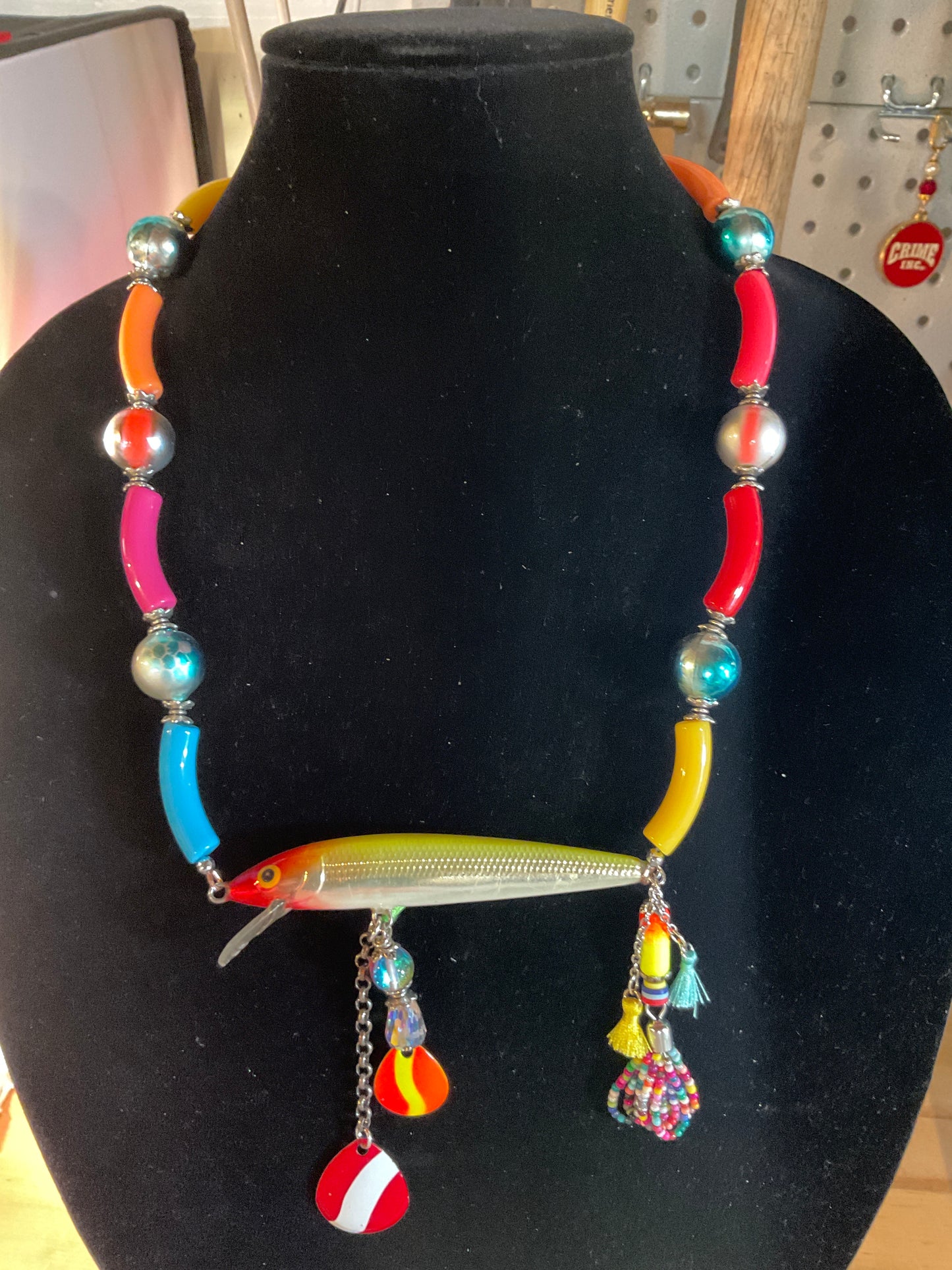“Gone Fishing” Lure Necklace – Rapala, Daredevil Charms, Bobbers & Crystal Tassels