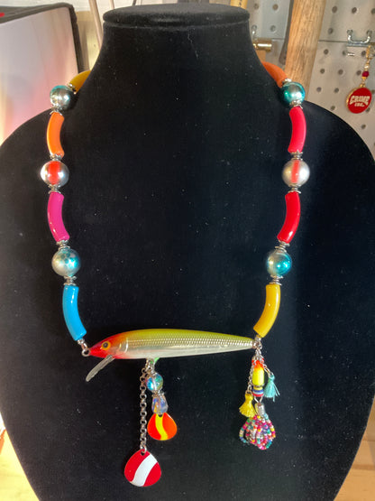 “Gone Fishing” Lure Necklace – Rapala, Daredevil Charms, Bobbers & Crystal Tassels