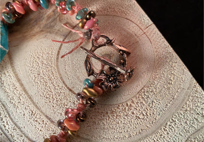 Mountain Song Bird Bracelet – Handcrafted Czech Glass, Polymer Landscape Bead & Bronze Swallow Charm