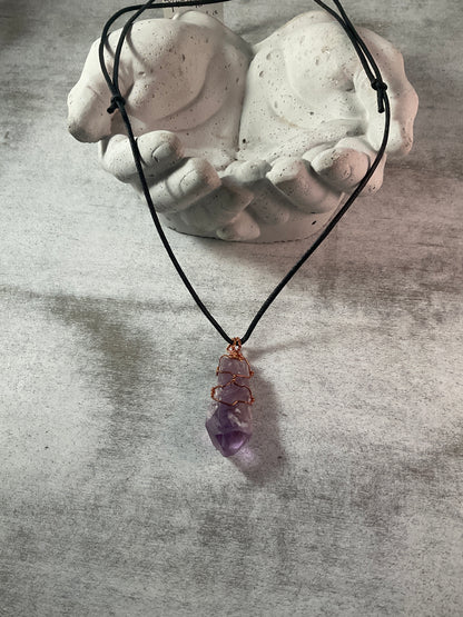 Awakened Amethyst Crystal Necklace – Wire Wrapped Healing Stone on Adjustable Leather