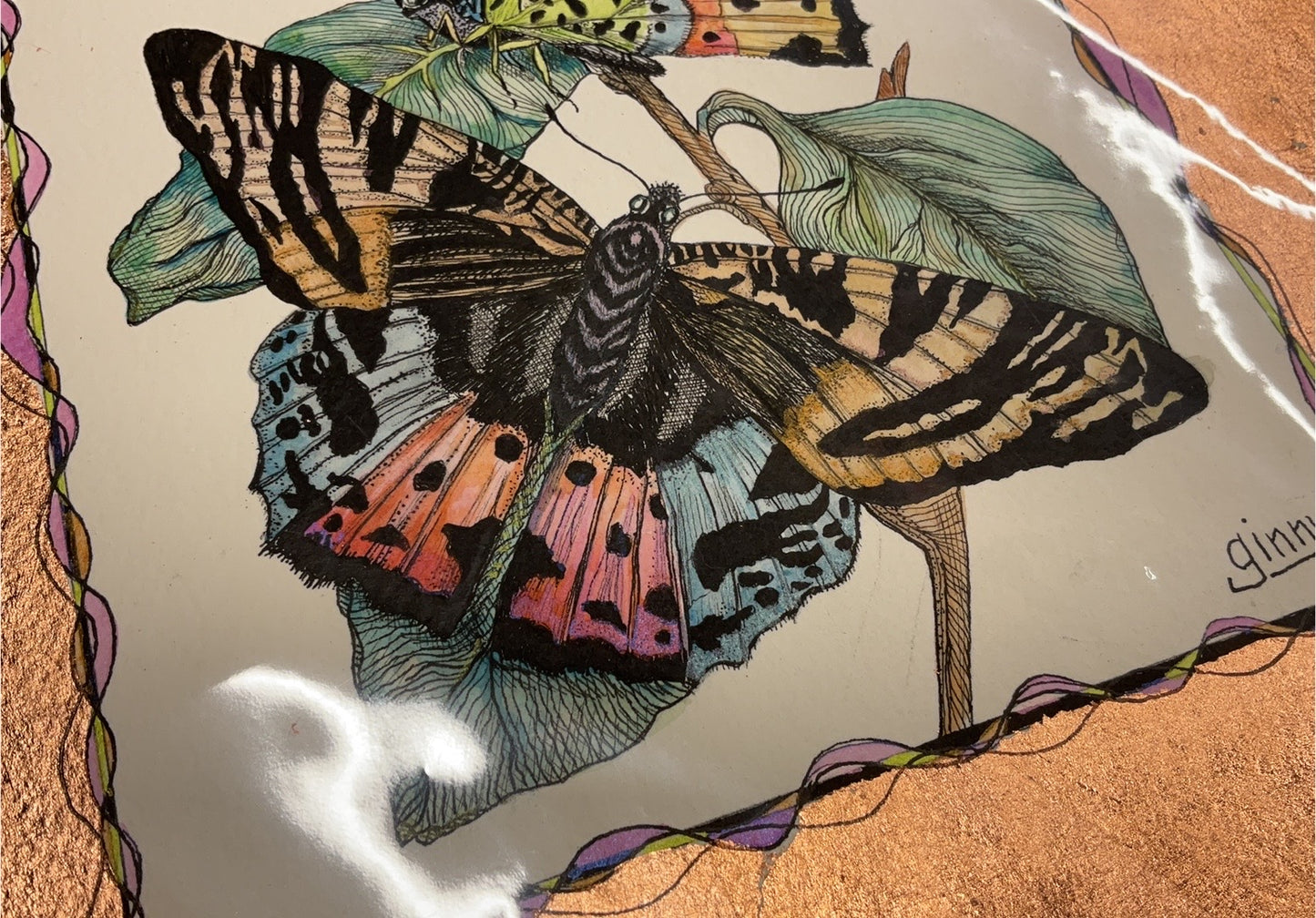 Where the Butterflies Gather – Butterfly Pen & Ink Watercolor with Copper Foil on 300 lb Arches Paper 12.5 x 14