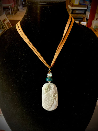 Carved Jade Peacock Pendant on Adjustable Leather | 2.75” Statement Necklace