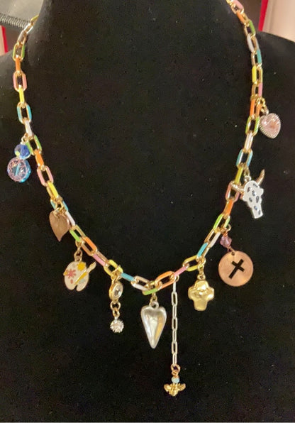 Pastel Paperclip Charm Necklace – 10 Charm Statement Necklace with Bee, Cross Penny, Rhinestones & Artist Palette