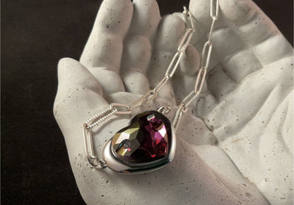 Austrian Crystal Amethyst Heart Necklace on Silver Paperclip Chain – Adjustable 16” Statement Necklace
