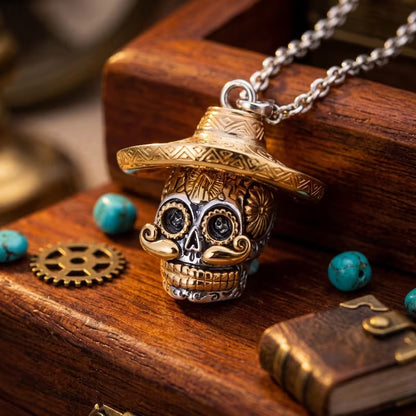Day of the Dead Skull Necklace with Removable Sombrero | Calavera Pendant on 18” Silver Chain