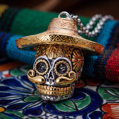 Day of the Dead Skull Necklace with Removable Sombrero | Calavera Pendant on 18” Silver Chain