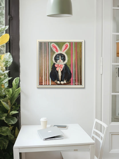 Somebunny Is Not Amused – Tuxedo Cat in Bunny Hat Mixed Media Painting- Local Pickup only