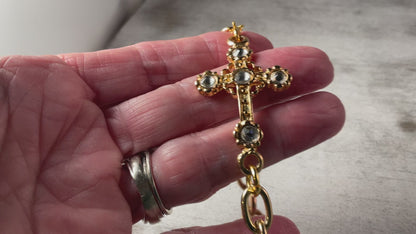 Gold Plated Cross Bracelet with Rhinestones 7.5 Inch Chain Bracelet Lobster Clasp Christian Jewelry