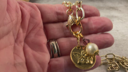 Gold Cherub Charm Necklace with Vintage Pearl Crystal Drop and Convertible Pendant Clasp