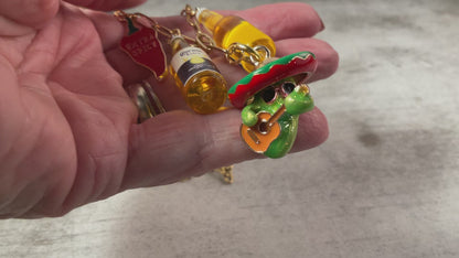 Mexican Charm Necklace | Avocado, Chili Pepper, Beer Bottle & Guitar Player Charms | 18” Gold Paperclip Chain