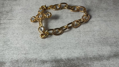 Gold Plated Cross Bracelet with Rhinestones 7.5 Inch Chain Bracelet Lobster Clasp Christian Jewelry